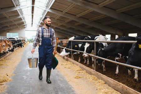 Farmer walking down the aisle of a cowshed carrying a bucket and shovel, tending to his herd of dairy cowsの写真素材
