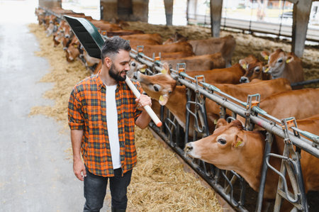 Young farmer walking with shovel on shoulder, passing jersey cattle munching hay inside a cozy...