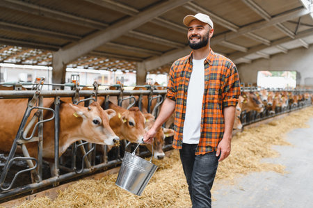 Farmer carrying metal bucket feeding jersey cows in cowshed, showcasing livestock care and agricultural practicesの写真素材