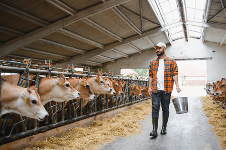 Farmer walking in cowshed carrying metal bucket, checking on jersey cows eating hay inside barnの写真素材