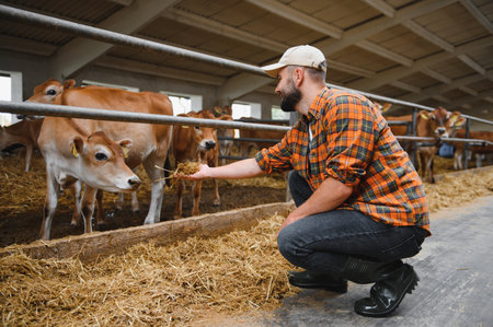 Farmer nurtures cattle jersey inside a barn, highlighting responsible farming practices and animal...