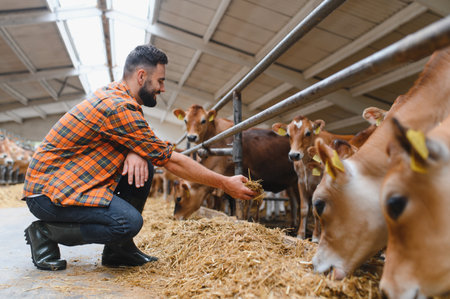 Cowherd feeding calves with hay inside a barn, demonstrating dedication to animal care and modern farming practicesの写真素材