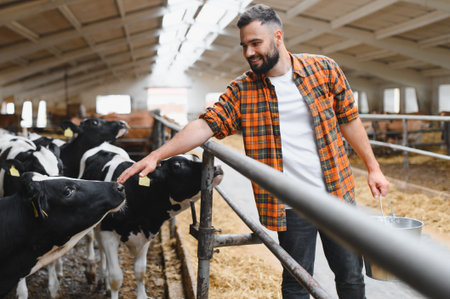 Smiling farmer caressing black and white cows in cowshed, holding metal bucket, at livestock farmの写真素材