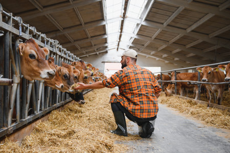Farmer crouching while feeding hay to jersey cattle in a spacious, modern barn, highlighting agricultural practices and livestock careの写真素材