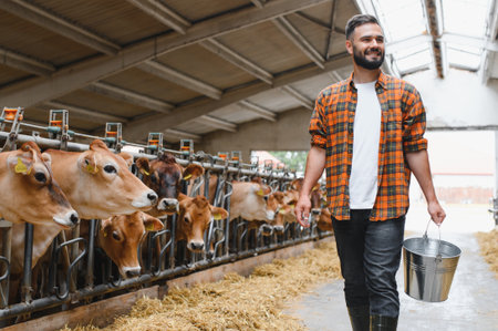 Young farmer walking inside stable carrying metal bucket and smiling surrounded by jersey cattle eating hayの写真素材