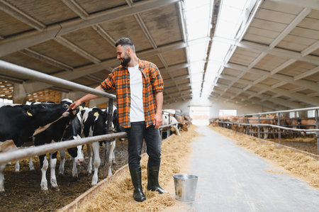 Farmer caressing cows in a large, modern barn, showcasing livestock management and dairy farming practicesの写真素材