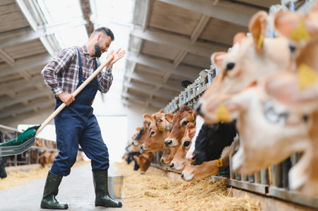 Farmer working on a vibrant cow farm, embracing rural life and agricultureの写真素材