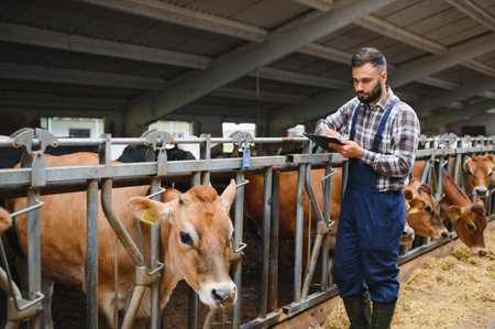 Farmer wearing overalls and using a digital tablet for taking notes on cattle while working inside the stable on the farmの写真素材