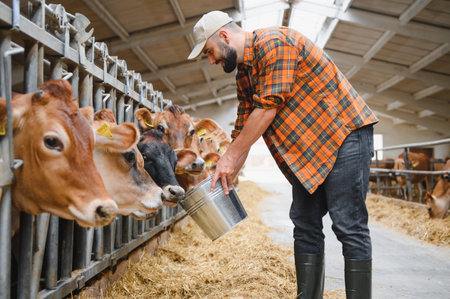 Farmer using metal bucket feeding hay to jersey cows in a modern barn, showcasing sustainable livestock farming practicesの写真素材