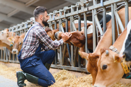 Farmer gently caressing a jersey calf in a stable, surrounded by other cows munching on hay, highlighting the bond in livestock careの写真素材