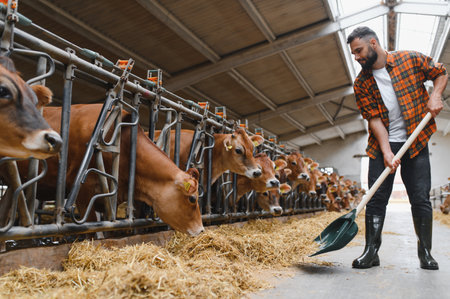 Young farmer working diligently on a dairy farm, spreading fresh hay for jersey cows enjoying their meal in the cozy stableの写真素材