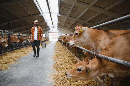 Farmer carrying a metal bucket walks among jersey cattle inside a barn on the farm, tending to the needs of the livestockの写真素材