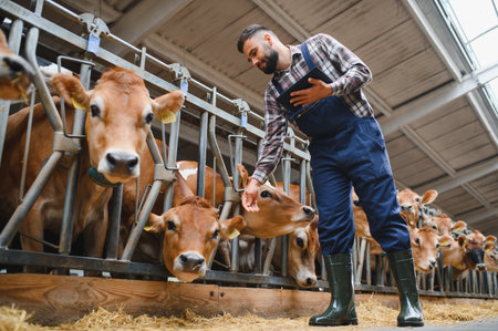 Farmer in overalls and rubber boots holding a tablet while petting jersey cows inside a cowshed, ensuring their care and wellbeingの写真素材