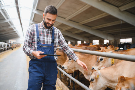 Farmer using digital tablet and stroking jersey cows in modern barn, showcasing technology in agriculture and livestock managementの写真素材