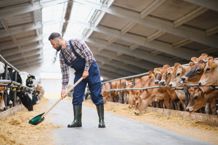 Farmer spreading hay in cowshed using shovel, taking care of jersey and Holstein friesian cowsの写真素材