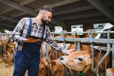 Farmer using digital tablet and petting jersey cow in a modern barn, showcasing connection with animals and technology in agricultureの写真素材
