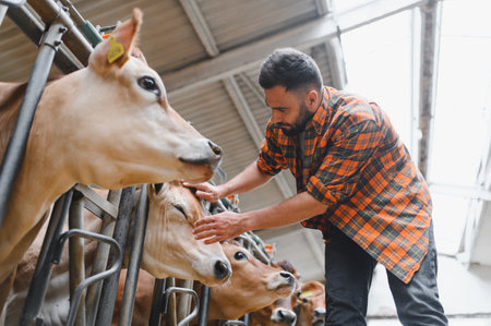 Farmer taking care of jersey cows in a modern barn, stroking their heads with care and affectionの写真素材