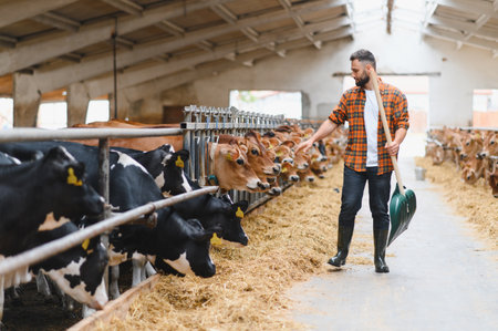 Farmer walking in stable and stroking cows while they are eating hay, taking care of livestock in barnの写真素材