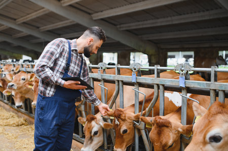 Farmer using modern technology to monitor and manage his jersey cattle in a barn, ensuring optimal livestock careの写真素材