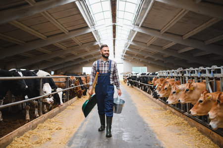 Young farmer walking between cows in cowshed carrying shovel and bucket, smiling and working on dairy farmの写真素材