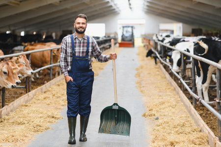 Portrait of a proud farmer holding a shovel while walking through a cowshed, surrounded by cows...
