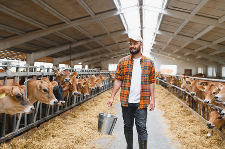 Young farmer walking inside cowshed carrying metal bucket, smiling and looking aside, with jersey...
