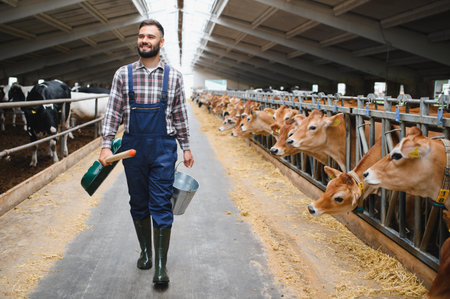 Young farmer walking in cowshed carrying shovel and bucket, checking on jersey cows and Holstein friesian cowsの写真素材