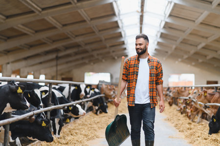 Young farmer walking and smiling in cowshed, holding a shovel, taking care of his cows and calves in...