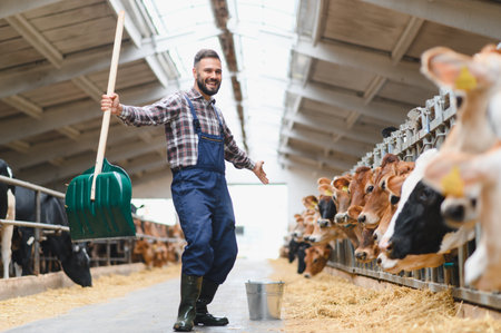 Cheerful farmer dancing and holding a shovel in a cow farm, enjoying his job and surrounded by jersey cowsの写真素材