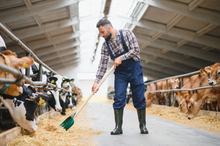 Young farmer working in cowshed, distributing hay to jersey cattle with pitchfork in modern dairy...