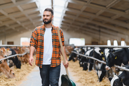 Farmer walking and carrying shovel in cowshed at dairy farm, taking care of livestock and working on agricultural productionの写真素材