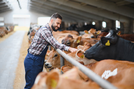 Young farmer gently caressing jersey cows inside a modern barn, enjoying the bond with livestock while promoting sustainable agricultureの写真素材