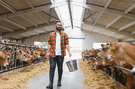 Young smiling farmer walking in cowshed carrying metal bucket going to feed jersey cows with hayの写真素材