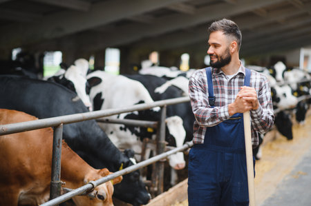 Young farmer standing with crossed arms holding a shovel and watching his cows eating in a stableの写真素材