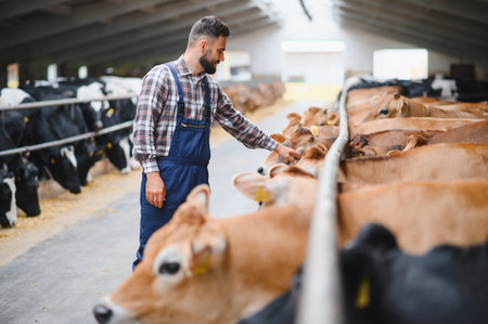 Farmer caressing jersey cattle inside stable on a modern dairy farm, agriculture and livestock conceptの写真素材