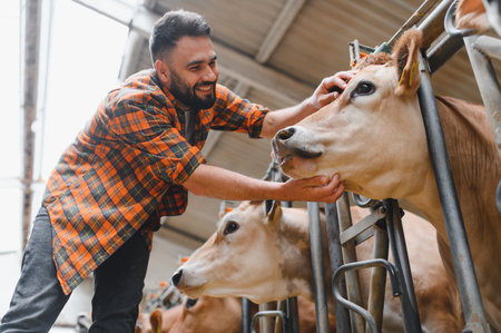Smiling farmer gently caressing a jersey cow inside a barn, expressing love and care for beloved animals in a nurturing environmentの写真素材
