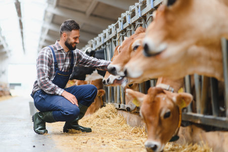Farmer crouching and petting jersey cows inside a barn, showcasing the connection between farmer and...