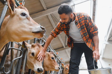 Farmer gently caressing jersey cattle while holding a metal bucket on a bustling dairy farm, surrounded by the beauty of rural lifeの写真素材