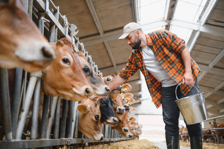 Farmer providing feed to cattle jersey inside a barn, showcasing modern farm practices and...