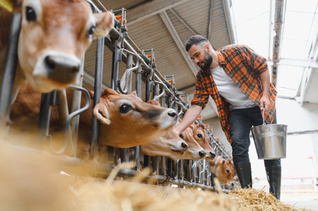 Farmer nurturing cows in a barn, highlighting modern farming practices focused on animal welfare and sustainable agricultureの写真素材