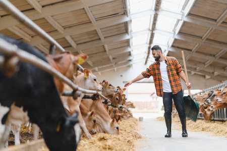 Farmer walking through stable, holding a shovel and checking on jersey cattle as they feed on fresh hay in a bustling barn environmentの写真素材