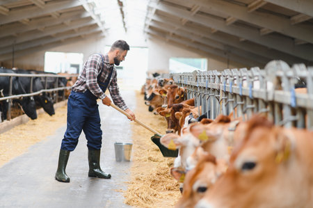 Farmer diligently feeds a herd of cows in a modern barn, highlighting the importance of sustainable agriculture and animal careの写真素材