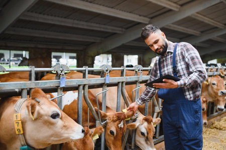 Farmer using digital tablet and stroking cows in a modern dairy farm, showcasing livestock...