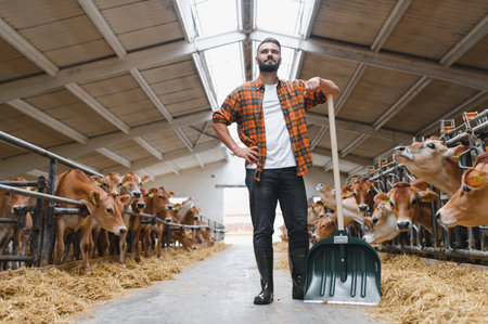Confident farmer leaning on a shovel inside a cowshed, surrounded by jersey cattle happily munching on fresh hayの写真素材