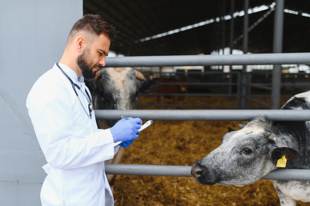 Veterinarian wearing gloves and holding a clipboard while examining cows in a barn, ensuring their health and well beingの写真素材