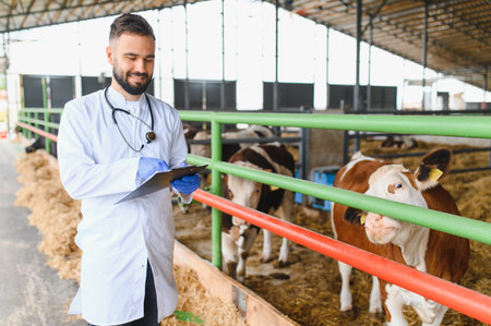Veterinarian wearing gloves and holding a clipboard, examining cows in a stable on a farm, ensuring...