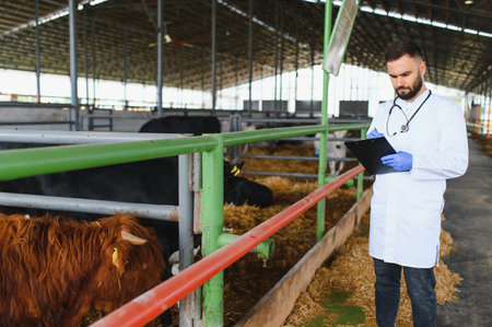 Veterinarian taking notes on clipboard while examining cows in a modern farm, ensuring their health and well beingの写真素材