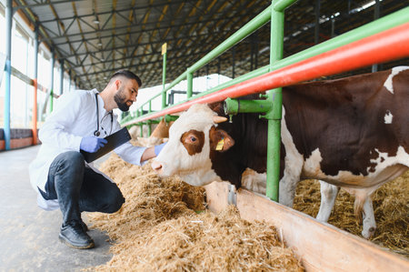 Veterinarian providing healthcare to livestock, performing examination and treatment of cows in a modern farm environment, ensuring animal health and welfareの写真素材