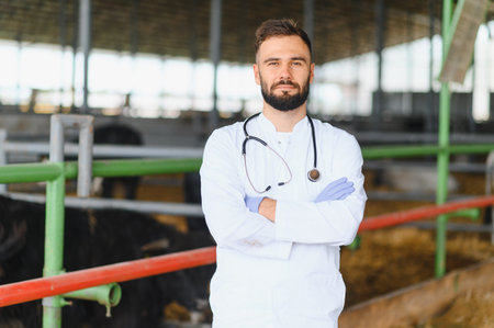 Veterinarian in a white coat and stethoscope, confidently posing with crossed arms inside a cowshed, exemplifying dedication to animal careの写真素材