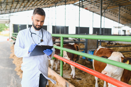 Veterinarian wearing gloves and holding a clipboard, taking notes while examining cows in a stable on a rural farmの写真素材